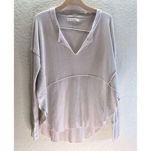 We The Free Free People Top S Beige Waffle Knit Oversized Long Sleeve Raw Hem